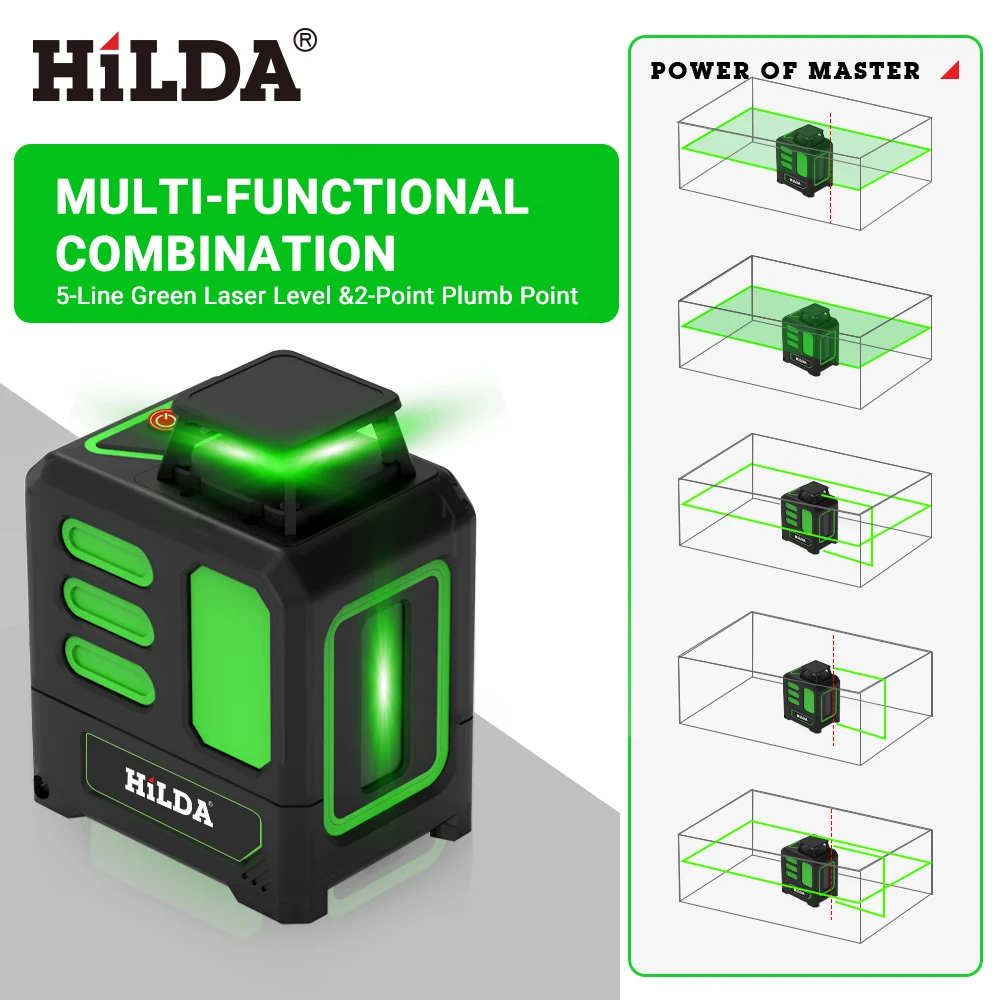 Laser Level HILDA 5 Lines Laser Level Self-Leveling Meter Cross Green Level Laser Horizontal & Vertical Measuring Tools