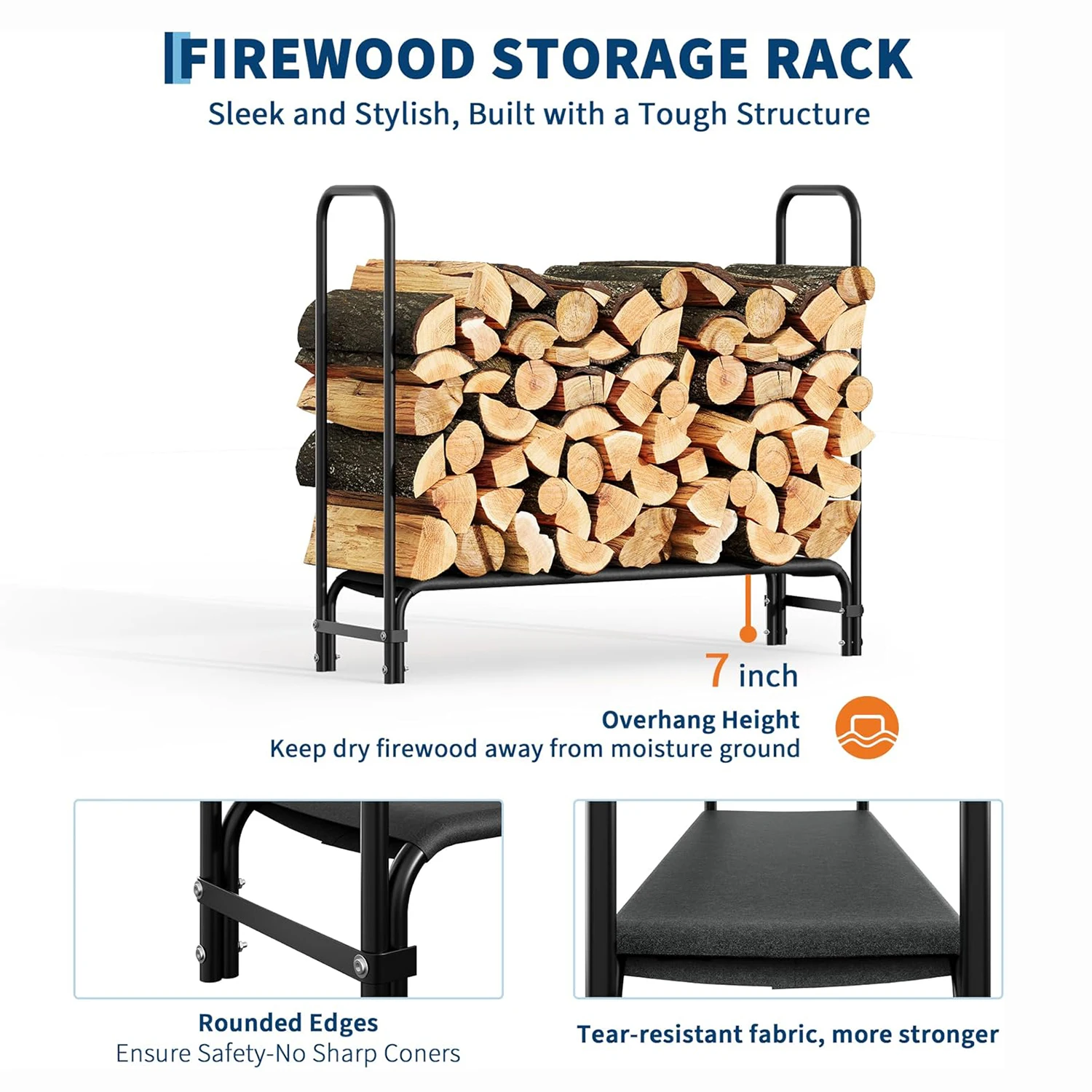4FT/8FT Brennholzregal für den Außenbereich zur Aufbewahrung von Holzstämmen verschiedener Größen, robuste Feuerholzregale, Metallaufbewahrung, Stapler, Organizer – Detail 7