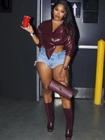 Nibber Hipster Crop Jackets Women Irregular Single Buckle Button Faux Leather Autumn Wild Sexy Basic Cross Neck Classic Coat