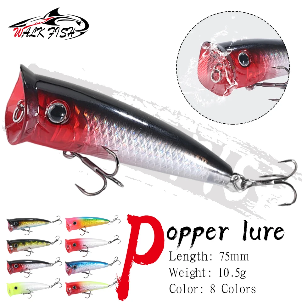 

WALK FISH плавающий Поппер, приманки для рыбной ловли, 75 мм, 10,5 г, воблеры Искусственная Приманки, воблеры для троллинга щуки, карпа, твердая приманка для рыбалки