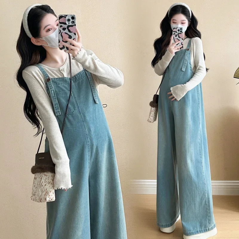 Spring Fashionable Maternity Dress Set with Denim Overalls Two-Piece Suit for Pregnant Women Comfortable Casual Wear