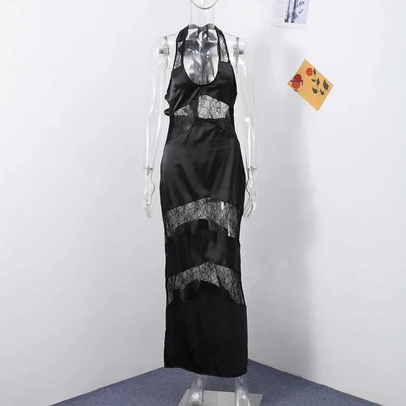 Sexy Sheer Mesh Sequin Maxi Evening Dress Halter Neck Open Back Women's Formal Party Prom Gown Sparkling Festival Long Dresses