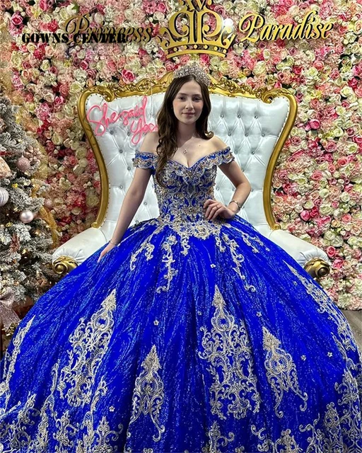 Royal Blue Sweet 16 Quinceanera Dresses Beaded Off Shoulder Prom Party Ball  Gown