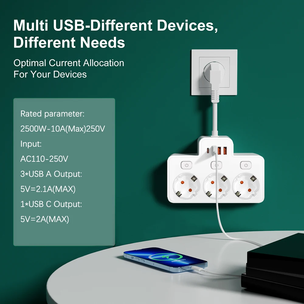 EU Plug AC Power Strip Wall Independent Switch 2500W European Standard Plug S96ad75fac80145ebbadfc819c84c1c6by
