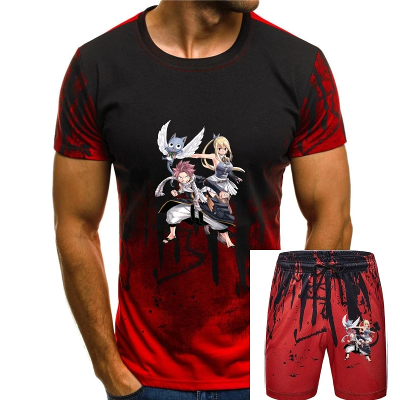 

Men T Shirts Fairy Tail Casual Short Sleeve Natsu Lucy and Happy Tee Shirt Crew Neck Clothes Cotton High Quality T-Shirt
