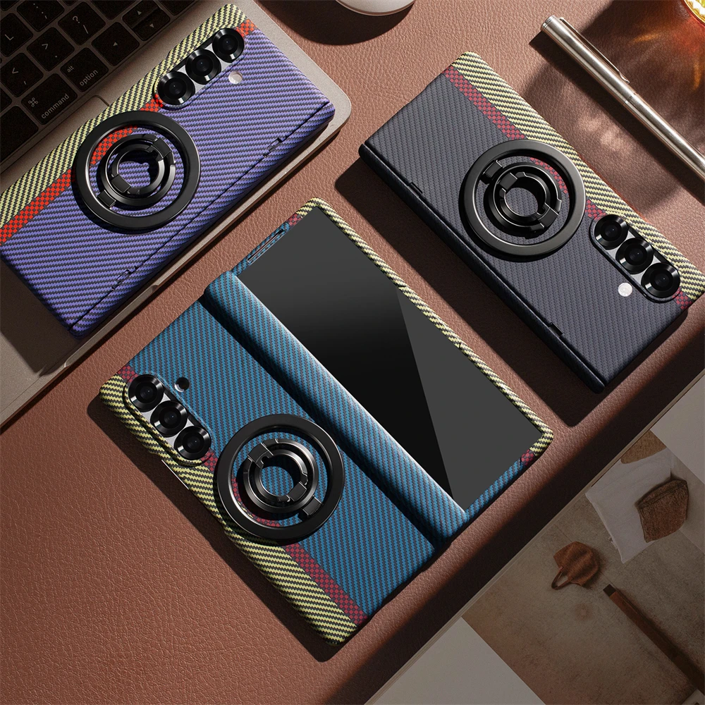 Carbon Fiber Texture Magsafe Case with Outer Screen Glass and Wireless Charging Hinge Holder
