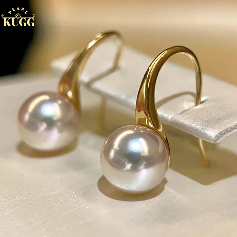 KUGG PEARL 18k Yellow Gold Earrings 7.5-8mm Natural Akoya Pearl Drop Earrings Fashion High Heels Design Jewelry for Women kugg pearl 18k yellow gold necklace natural south sea gold pearl pendant diamond necklace for women fashion greative style fine