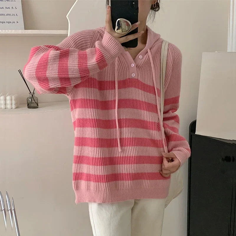

Autumn Winter Women Stripe Hooded Knitted Sweater Loose Casual Long Sleeve Female Short Knitwear Jumper 2023 New Pull Femme