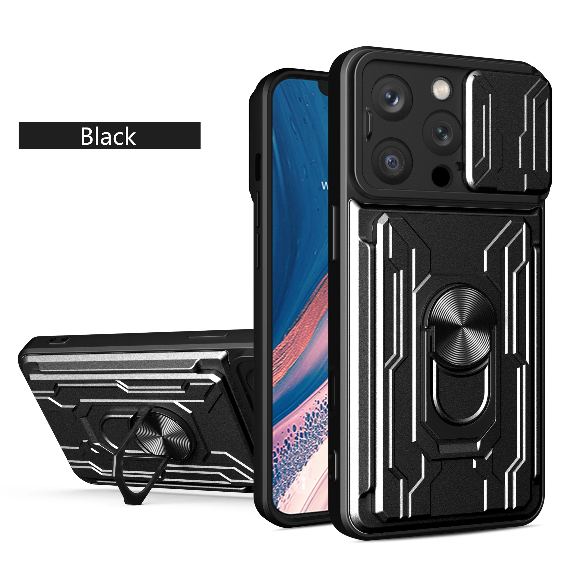 Heavy Duty Shockproof Phone Case with Card Pocket and Ring Stand Holder
