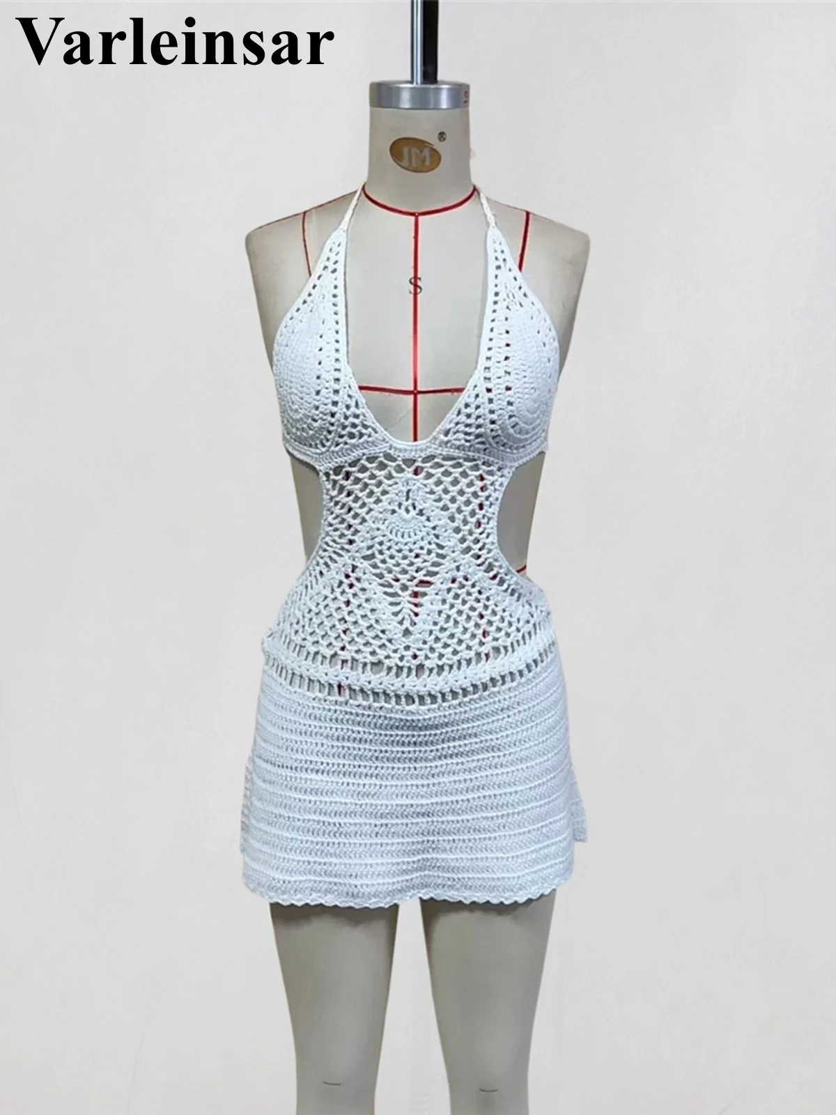 Sexy Cut Out Halter Backless Crochet Knitted Tunic Beach Cover Up Cover-ups Beach Dress Beach Wear Beachwear Female Women V8295 4