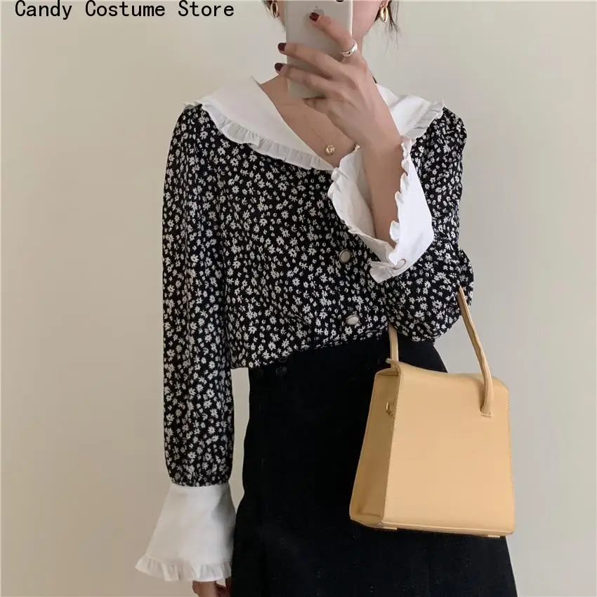 Fashion Sweet All-Match Shirts Romance Print-Floral Ruffles Vintage Plus Feminine Elegant Chic Loose Casual