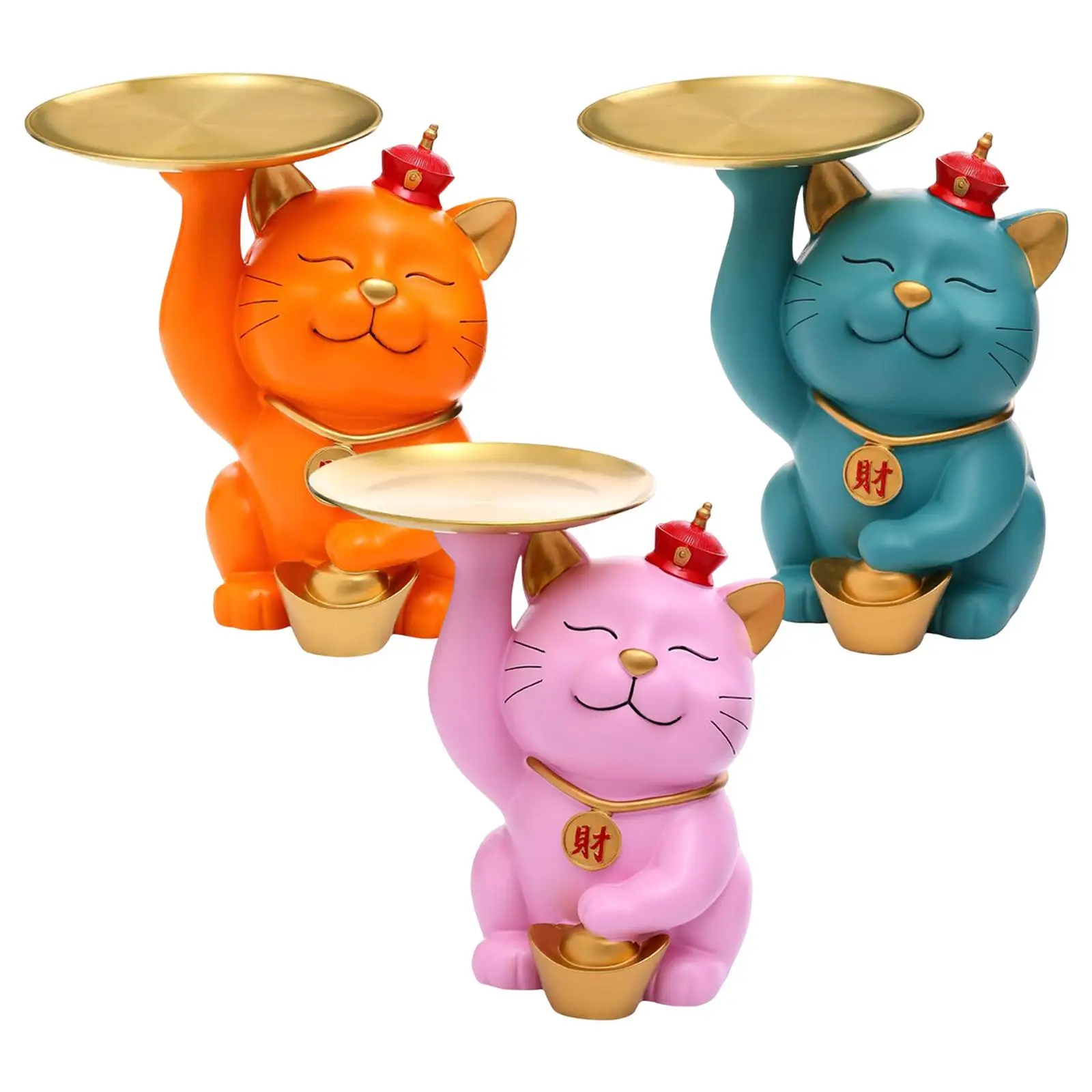 

Cute Cat Sculpture with Tray Resin Figurine Living Room Sundries Storage