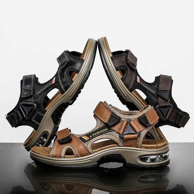 Men Leather Sandals Air Cushioned Flat Non-slip Summer