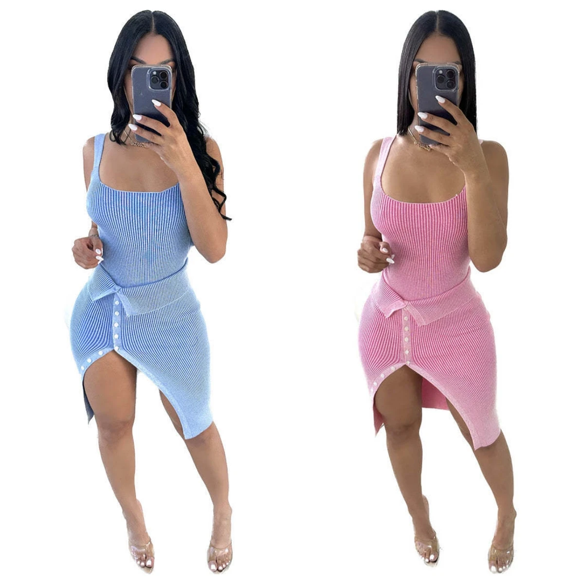 

Sexy Ribbed Bodysuit and Irrefular Skirt Two Piece Y2K Women Matching Set Skinny Outfits Button Up Split Skirts Streetwear Suits