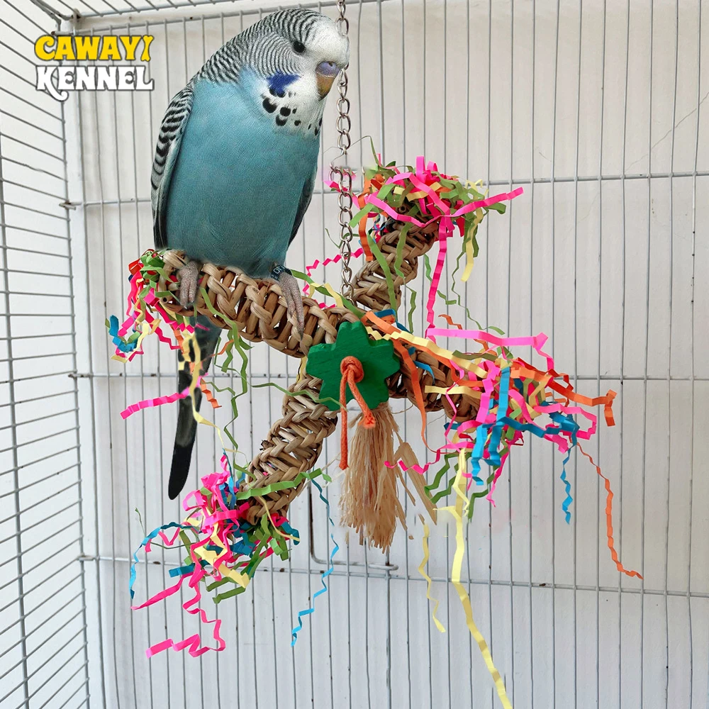 1pc Random Color Rattan Parrot Windmill Chew Toys Hanging Swing Shredder Toys Bird Cage Bite Accessories for Macaws Pet Supplies parrot toy,bird toy,bird cage accessories