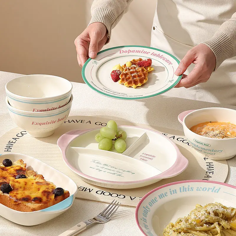 Tableware Bowl Plate Set Home Use,Including Bowls,Rice,Double Ear, Dividing Plates, Dessert Cups,High Aesthetic Value