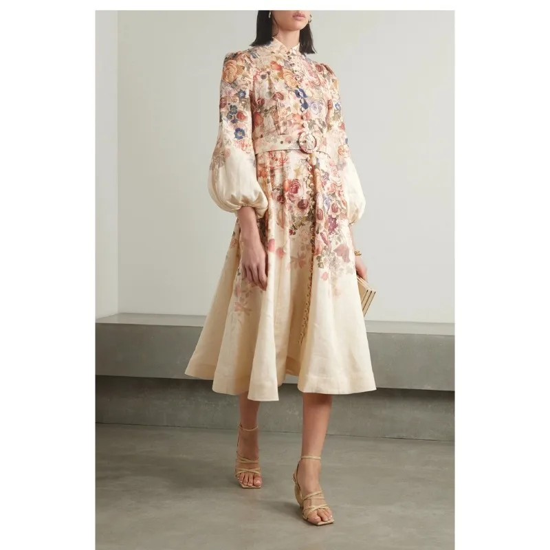 

Women Retro Stand Collar Printed A Line Dress Latern Sleeve Brested Robes With Belt 2024 Lady Club Party Vintage Vestido Dress