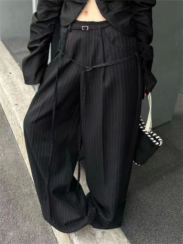 HOUZHOU Vintage Striped Oversize Suit Pants Youthful Woman Korean Style Trousers Elegant Harajuku Baggy Classic Y2k Old Money