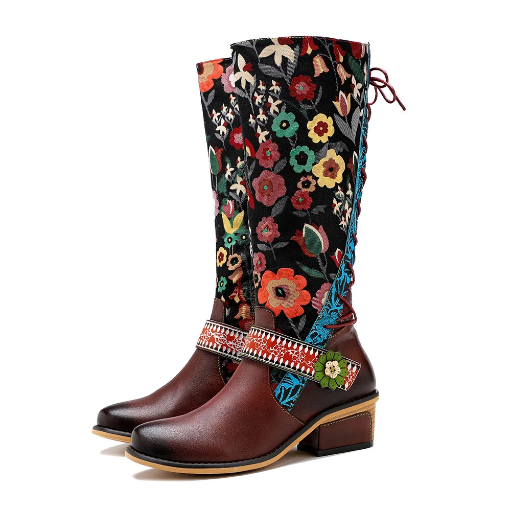 

Fashion Printed Fabric Women High Heels Genuine Leather Autumn Spring Long Knight Knee High Boots Embroidery Female Shoes Woman