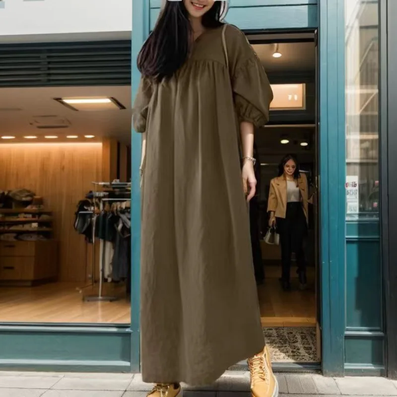

Spring 2023 New Ladies Pure Color Minimalist Lace-up Three-quarter Sleeves Puff Sleeve Loose Plus Size Dress Women Clothes