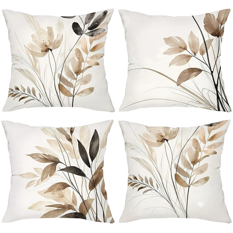 Four coordinating neutral botanical pillow cover designs