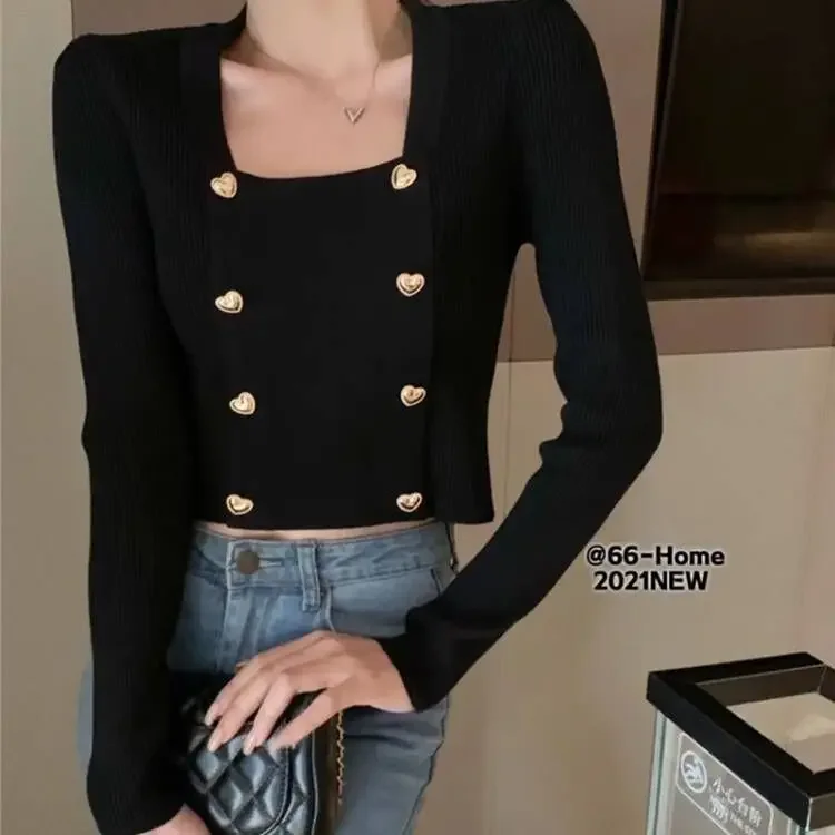 

2022 autumn winter new style square collar sweater short-style long-sleeved retro slim sweater woman gray22