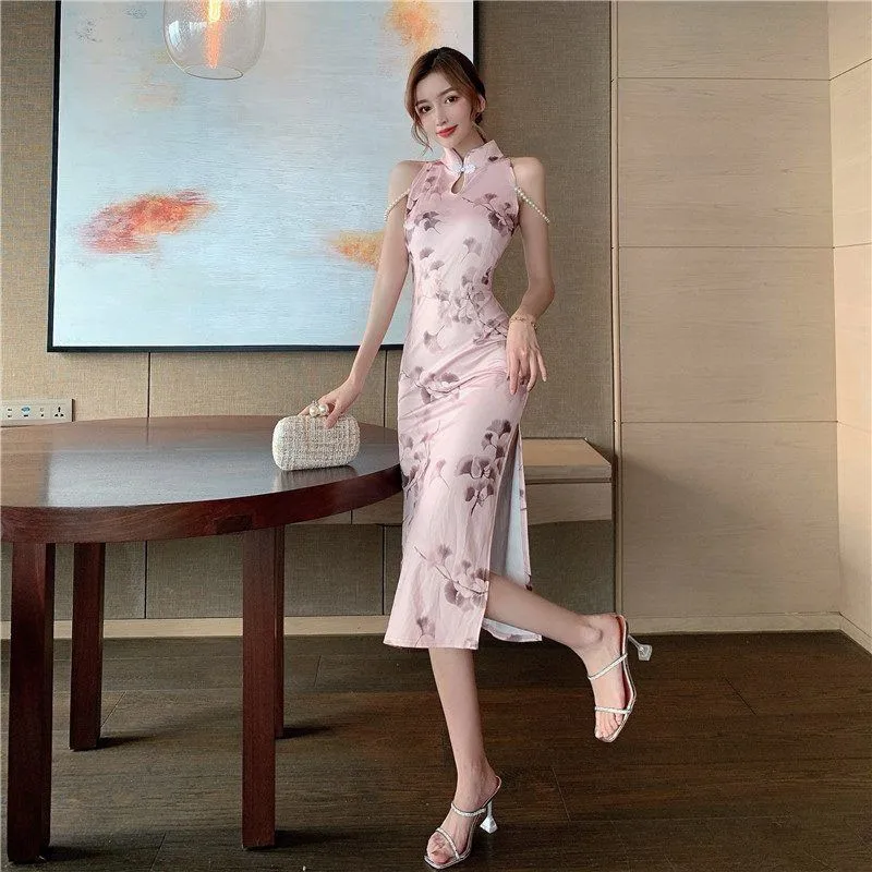 

Sweet Ethnic Style Long Sleeveless Elegent Sexy Qipao For Women Retro Gown Flower Print Girly Temperament Split Cheongsam Dress