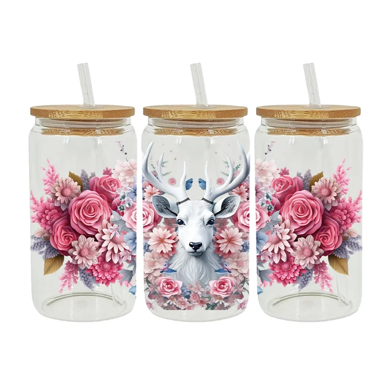 UV DTF 3D Floral White Deer Lions, Zebras, Giraffes, Tigers, Horses Prints For 16 Oz Libbey Glass Can Wraps D14174