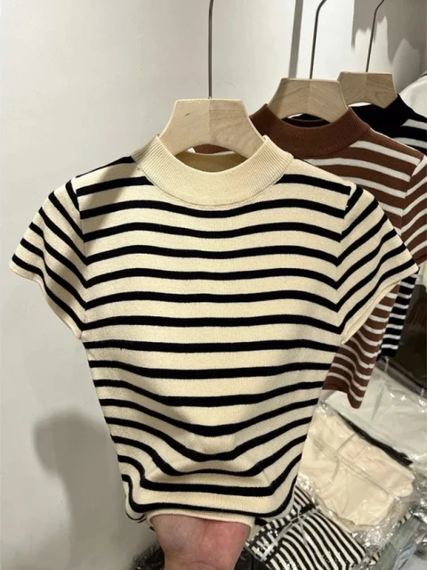 2026 Turtleneck Pullover Striped Sweater Sweater Slim Fit Top Shirt Women's Early Spring and Autumn Short Sleeve Bottoming Shirt 2