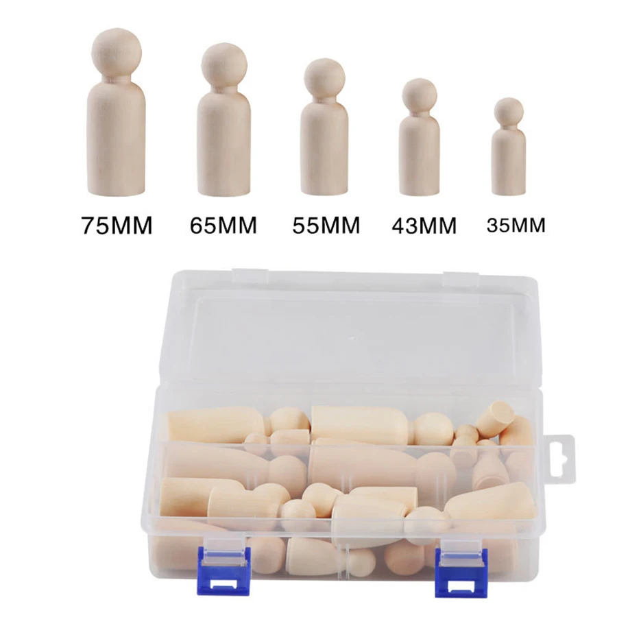 ABCPICK 16pcs mini kokeshi wooden figures peg family angel dolls unfinished craft set people toddler toys diy art woodpeckers