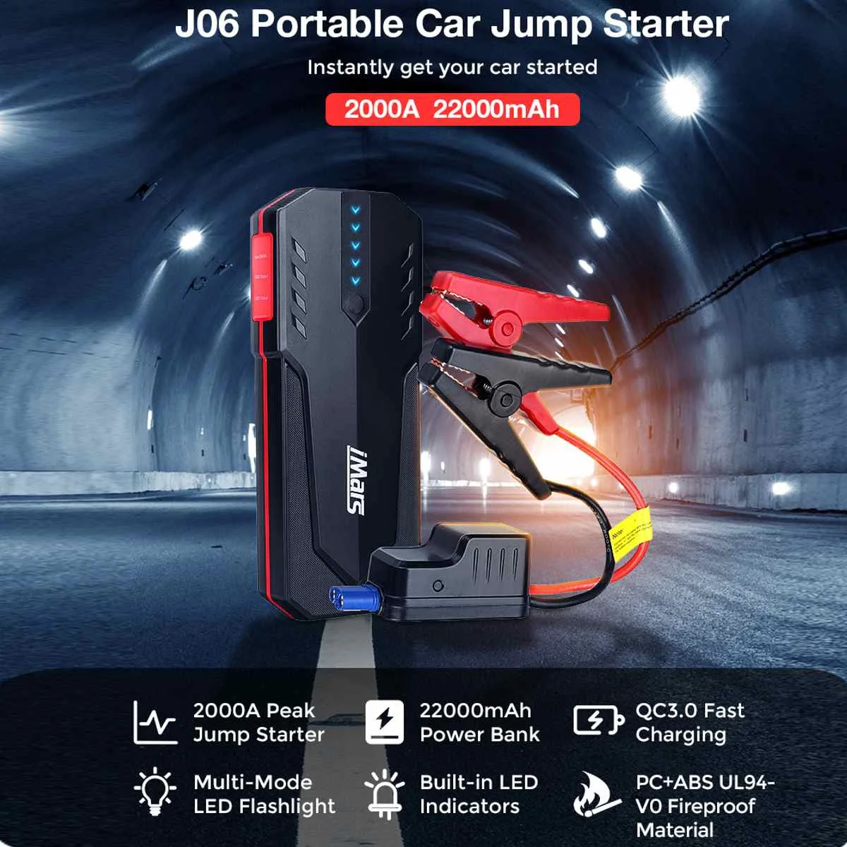 IMars Démarreur de voiture portable J06 2000A 22000mAh Powerbank Booster de  batterie