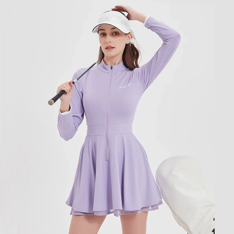 MG sporsts dress new purple long sleeve zip stand collar golf dress woman breathable thin quick dry tennis skirt