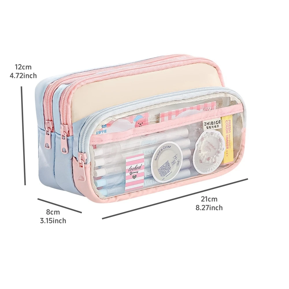 대비색 펜 케이스 대용량 휴대용 보관함 투명 전면 포켓 파우치 문구류 A7822