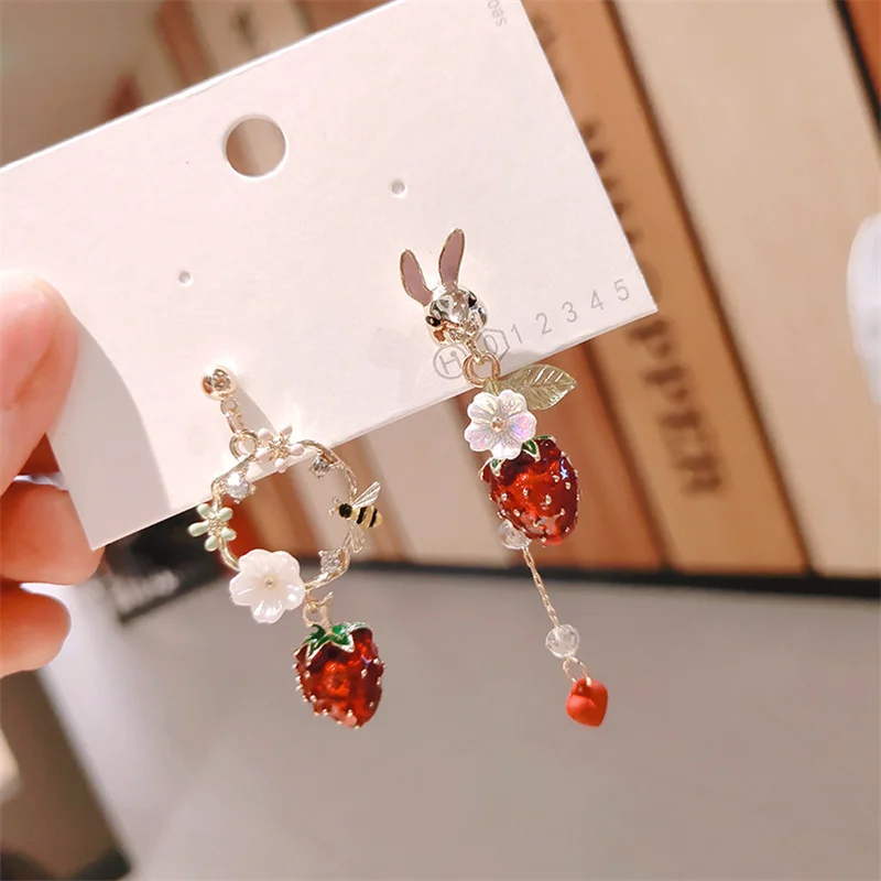 Korean-Style-Flower-Cute-Animal-Rabbit-Dangle-Earrings-For-Women-Strawberry-Zircon-Bee-Asymmetrical-Tassel-Earring.jpg_.webp
