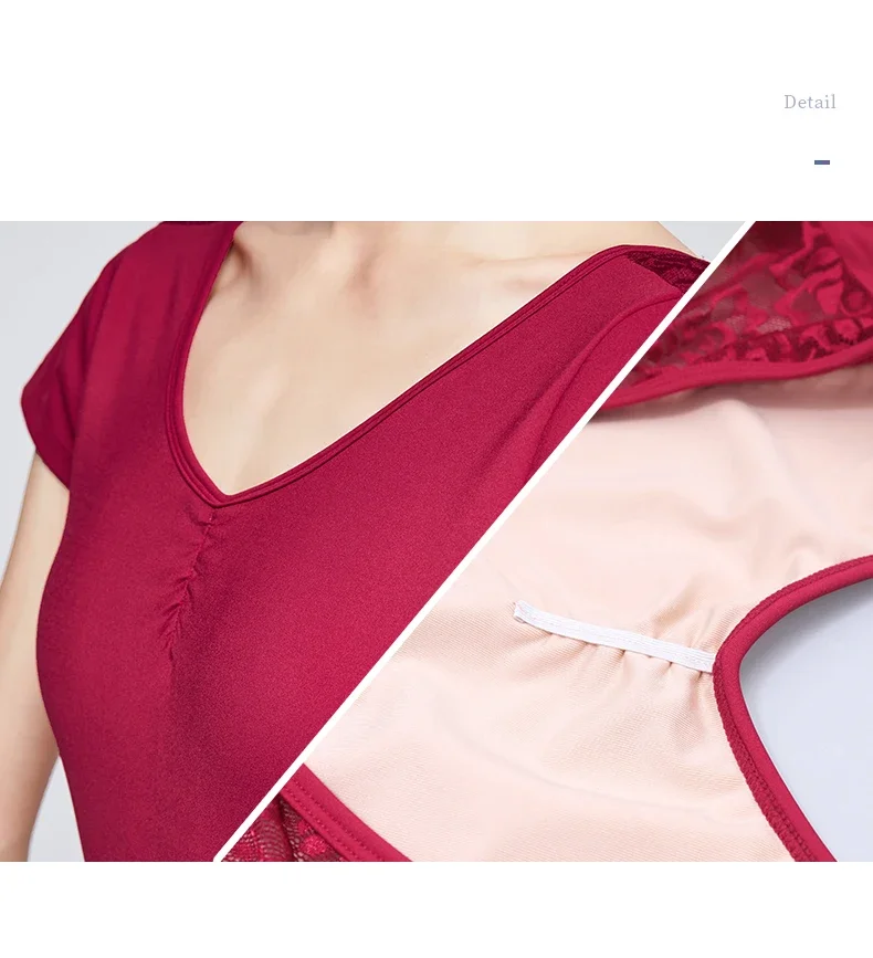 Ballett Trikots für Frauen Spitze Spleiß Tanz tragen Mädchen Erwachsenen Kurzarm Bodysuit V-Back Tanz Gymnastik Bade bekleidung Trikots – Detail 9