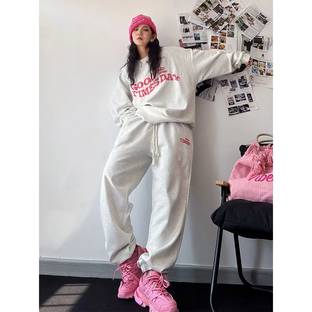 Hip Pop Women Tracksuits Pink Letter Print Pullover Sweaterhirt+Drawstring Waist Wide Leg Pants 2pcs Female Casual Dance Sets