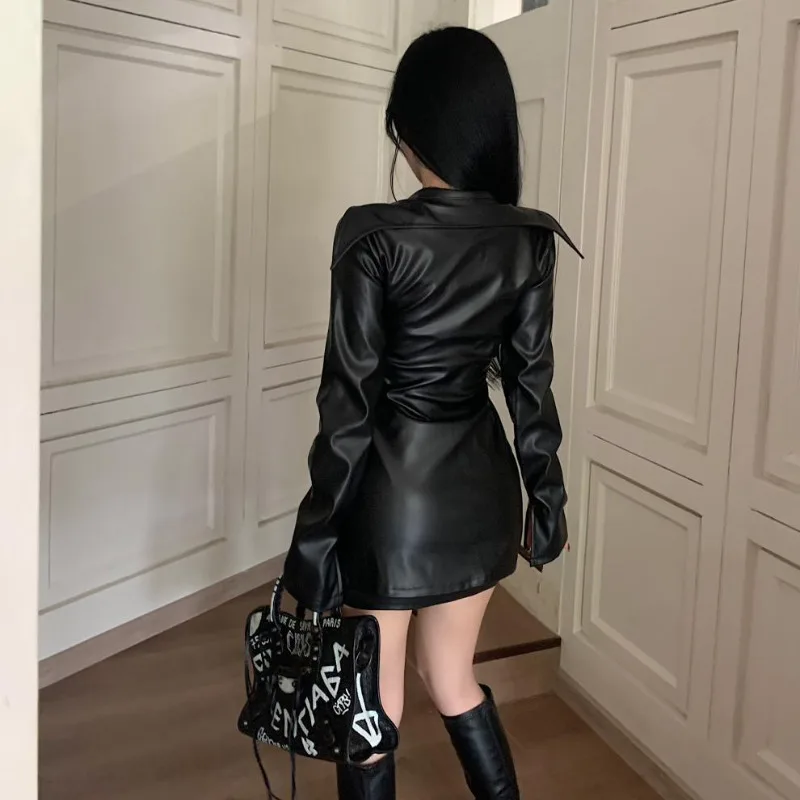 PU Leather Black Jacket Two Piece Set Skirt Suits Women Solid Colors Motor Style Hollow Out Zippers Outwears Cool Girls Clothing