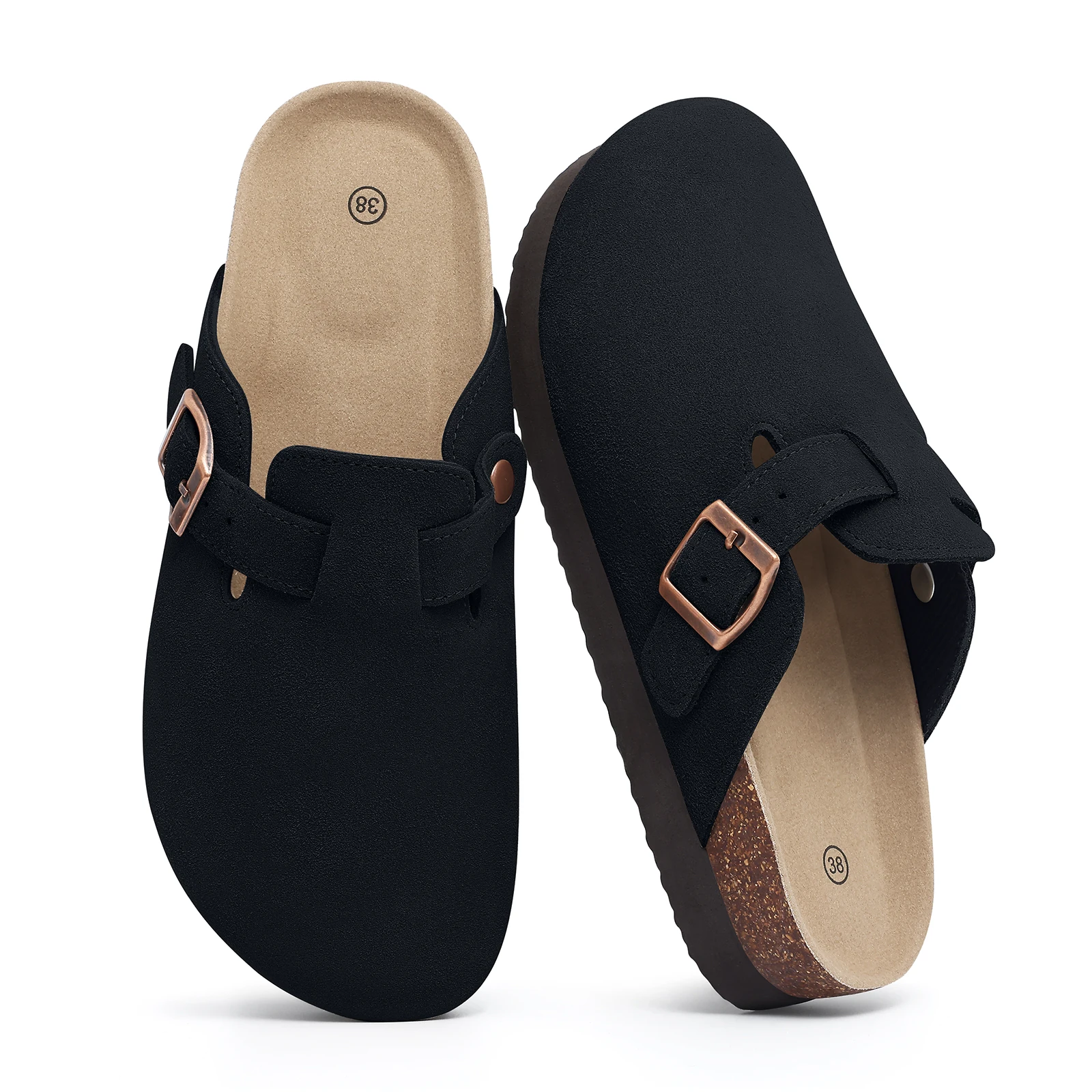 Women's Leather Mules Suede Clogs With Adjustable Strap Cork Sole_voghion.com