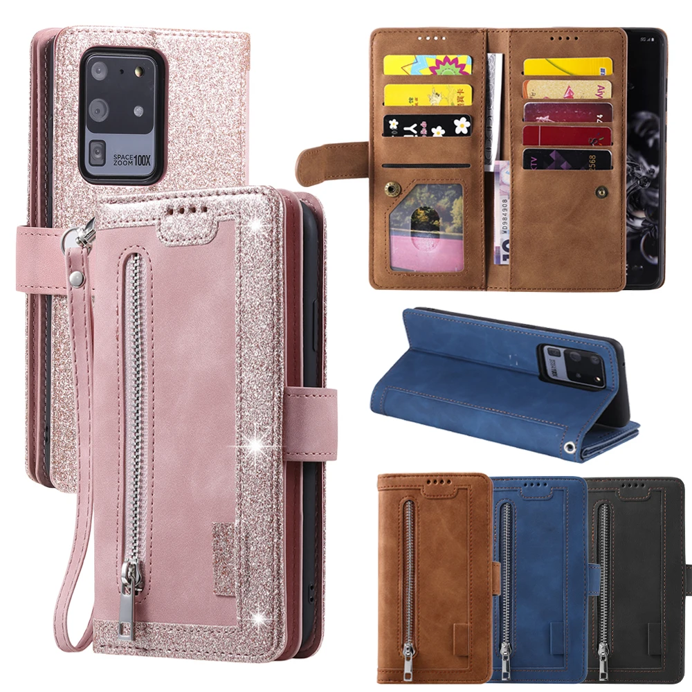 Leather Zipper Wallet Phone Case with Kickstand and Card Pocket