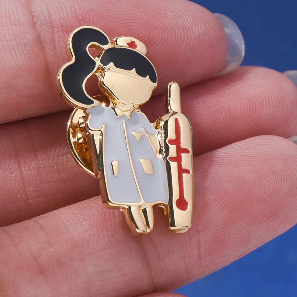 Cute Nurse and Exaggerated Thermometer Enamel Brooch Badge Lapel Accessory Hospital Souvenir Jewelry Pin