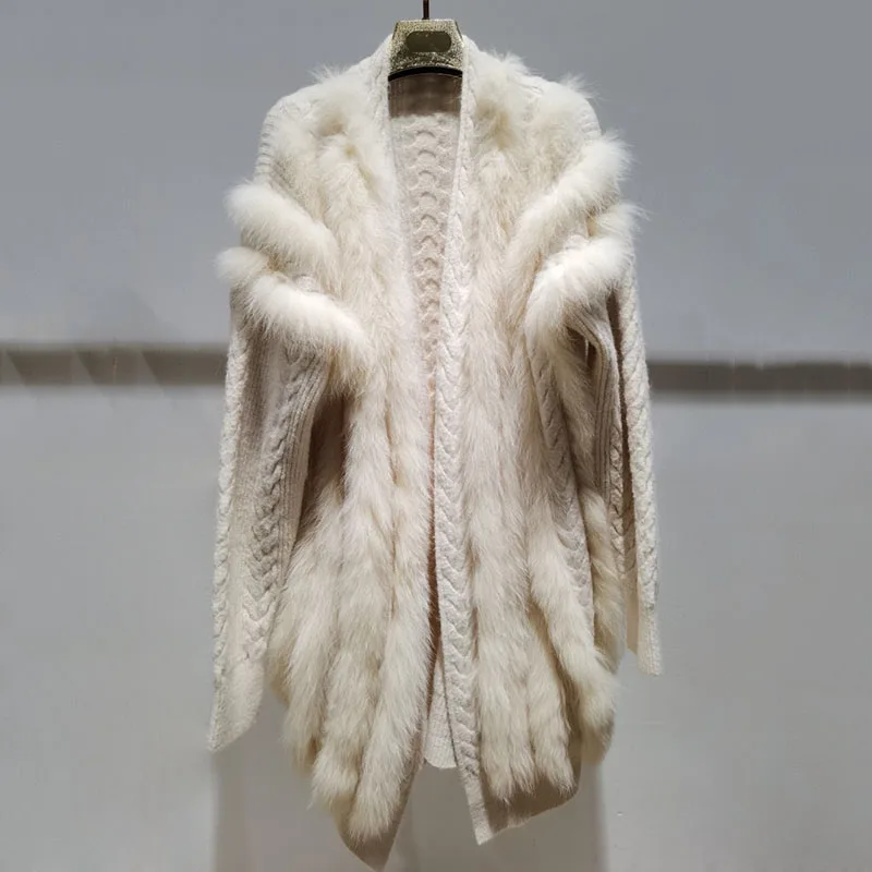 

Warm Autumn Long Real Fox Fur Stripe Knitted Coat Long Sleeve Loose Fashion Striped Cardigan Outwear With Real Fox Fur Female