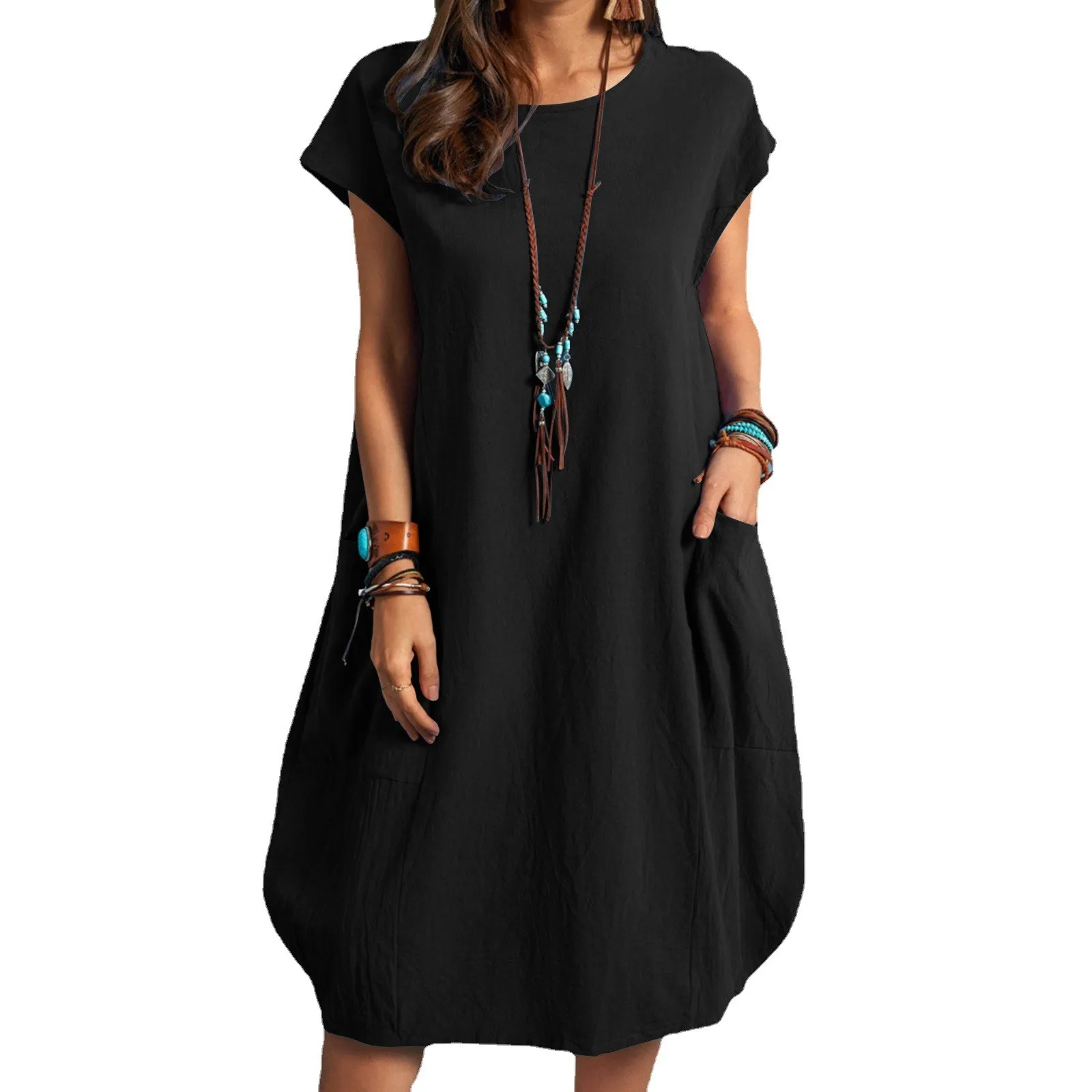 Spring and Summer Europe and the United States Amazon stand alone ebay cotton linen loose casual pure color pocket dress ladies 5