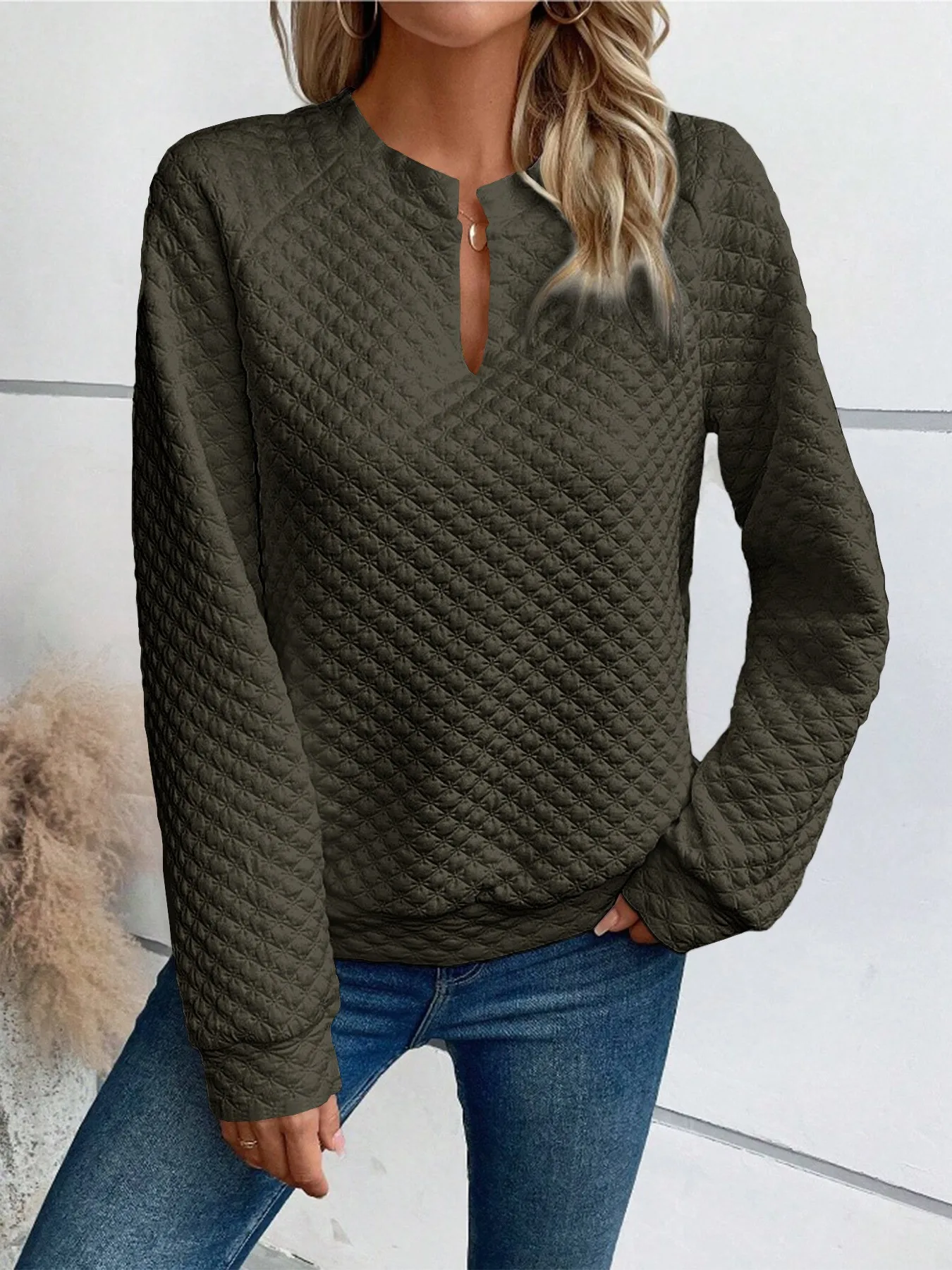 Casual Patchwork Slim Fit Commuter Hoodie with V Neck Regular Sleeve Long Sleeve Women Sweatshirt Autumn Mid Length No Hood