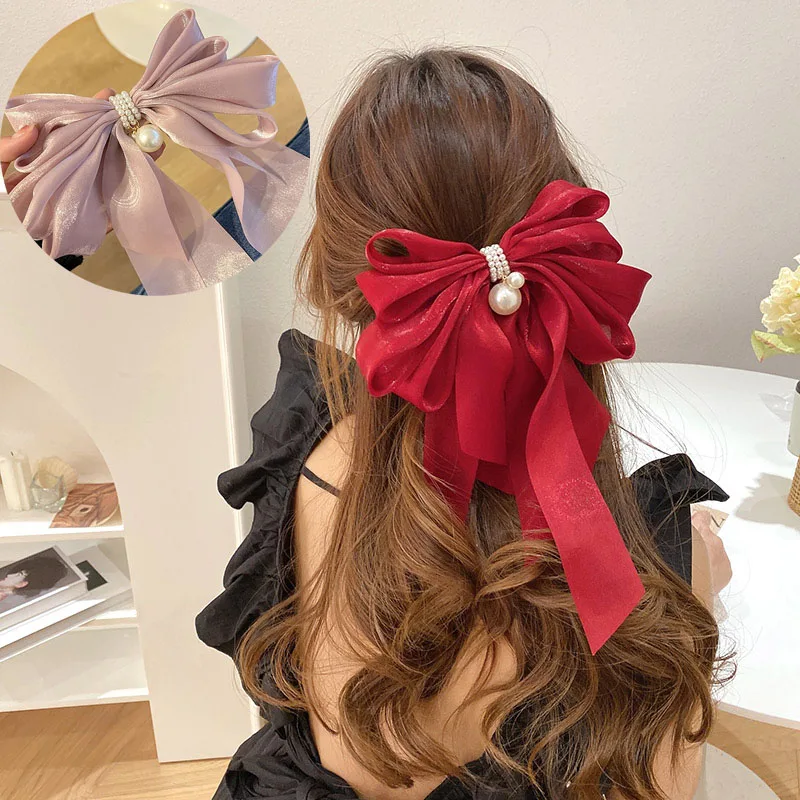 Elegant Big Bow Hairpins Pearl Streamer Hair Bows Clips Ponytail Holder Barrettes Hair Clip Hair Accessories for Women Girl