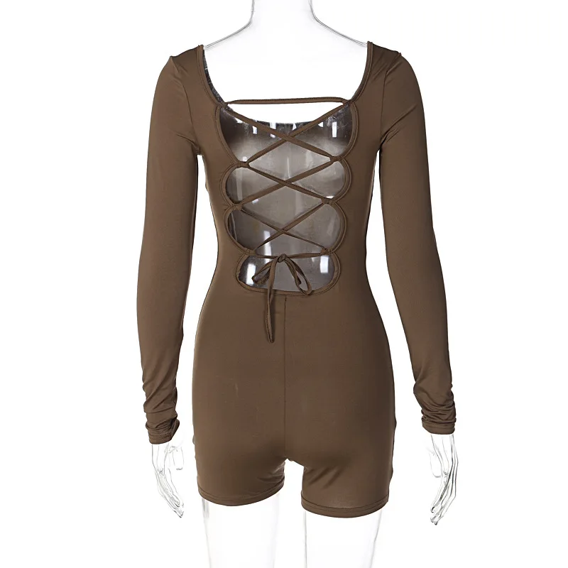 BKLD Summer Outfits For Women 2023 New Long Sleeve U-Neck Lace-Up Open Back High Waist Skinny Fitness Rompers Solid Color