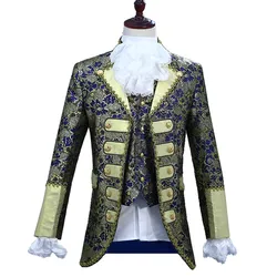 Elegant Vintage Royal Men 3-piece Suit Court Dress Gold and Blue Red Stage Costume Christmas Theater and Drama Outfit