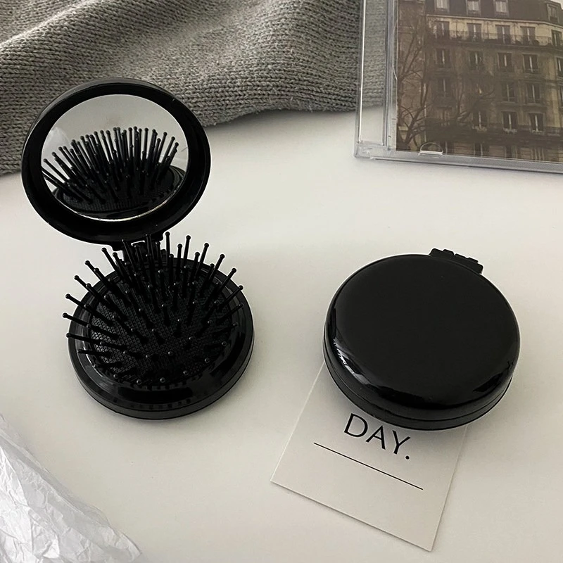 Portable Black Mini Folding Hair Brush and Head Massager - Anti-static Styling Accessory