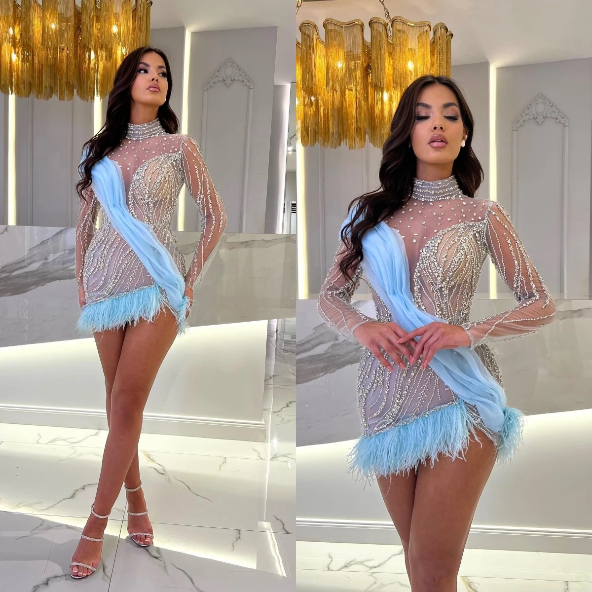 Sexy Sky Blue Feathers Mini Abiti Da Cocktail Illusion Beading Prom Dress Custom Made Maniche Lunghe Club Wear