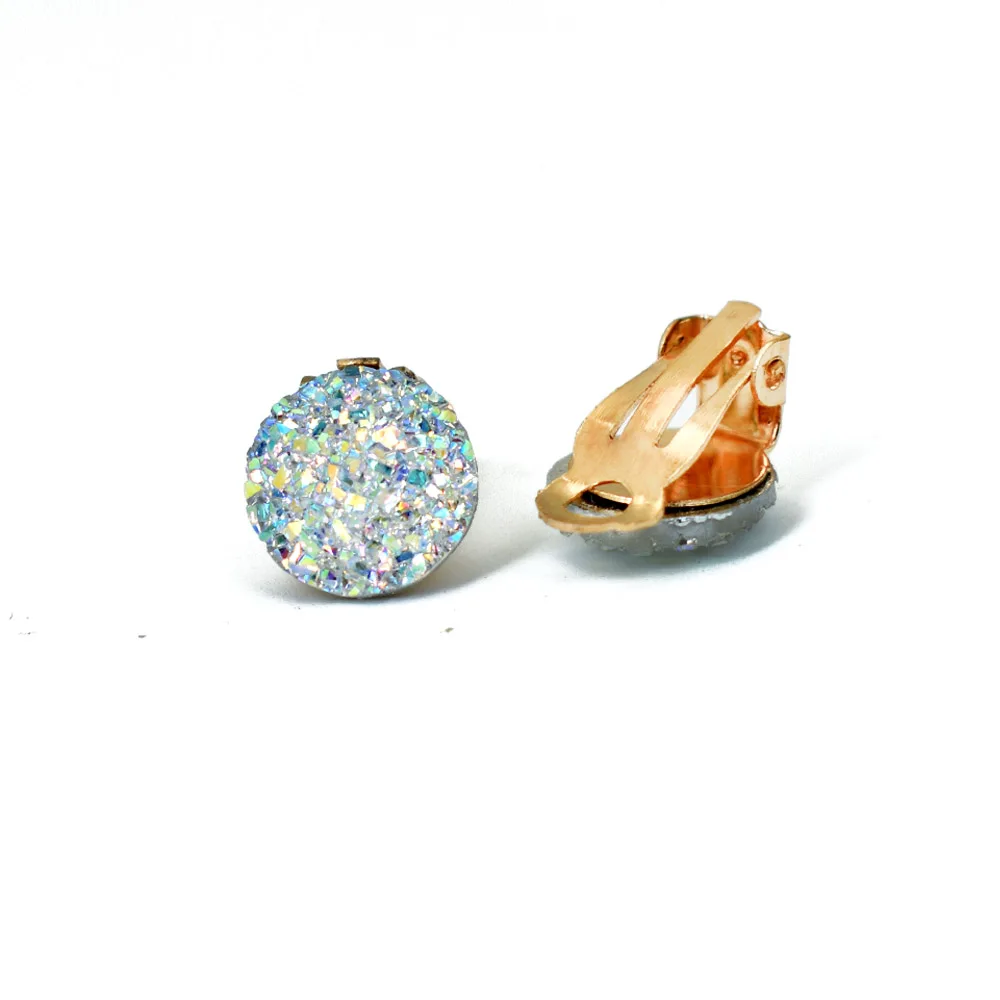 Gold Color Ear Clip Earrings For Women Jewelry Blue White Round Resin Cuff Earring Without Piercing Druzy Earings ear clip earrings,clip earrings,ear clip