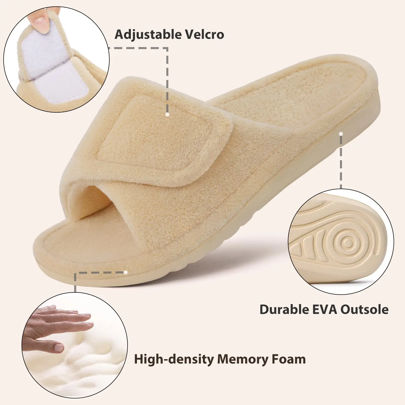 Comwarm Winter Damen Orthopädische Hausschuhe aus Korallenfleece mit Fußgewölbeunterstützung, Klettverschluss, verstellbare offene Zehenschuhe für Plantarfasziitis – Detail 7